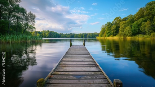 Nature's embrace: A wooden jetty by the lake, adorned with lush greenery under a tranquil sky.