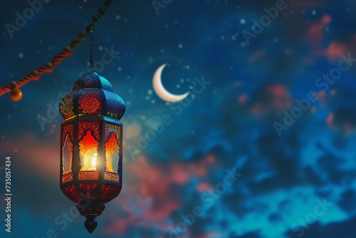 Illuminated Colorful Ramadan Lantern Against Night Sky. Ramadan Mubarak