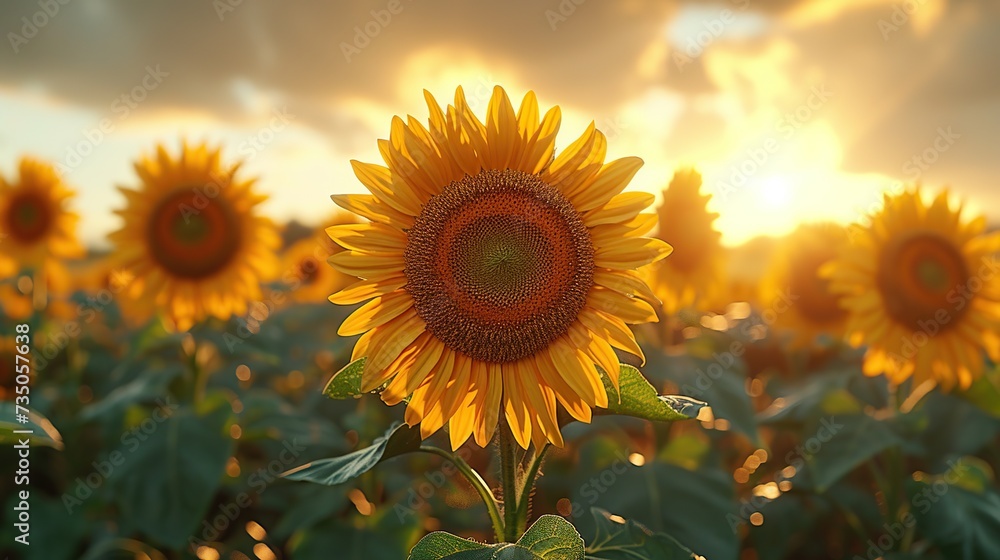 Obraz premium Close-up of sunflowers over the sunset sky.