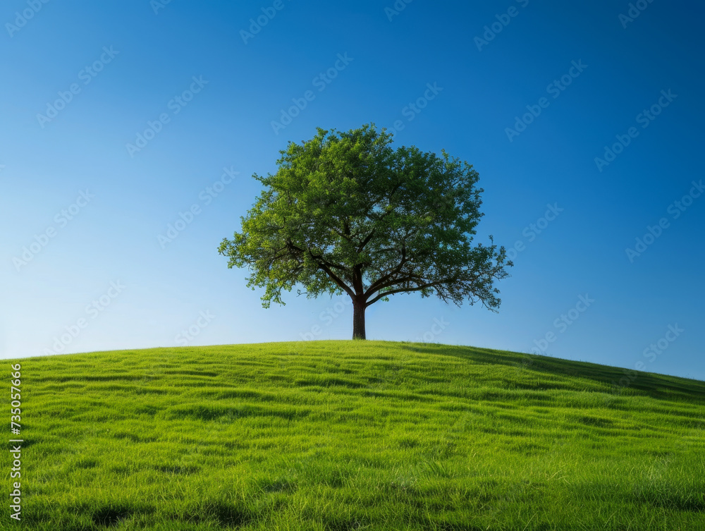 Solitary tree on a lush green hill under a clear blue sky.
Solitary tree on a lush green hill under a clear blue sky.