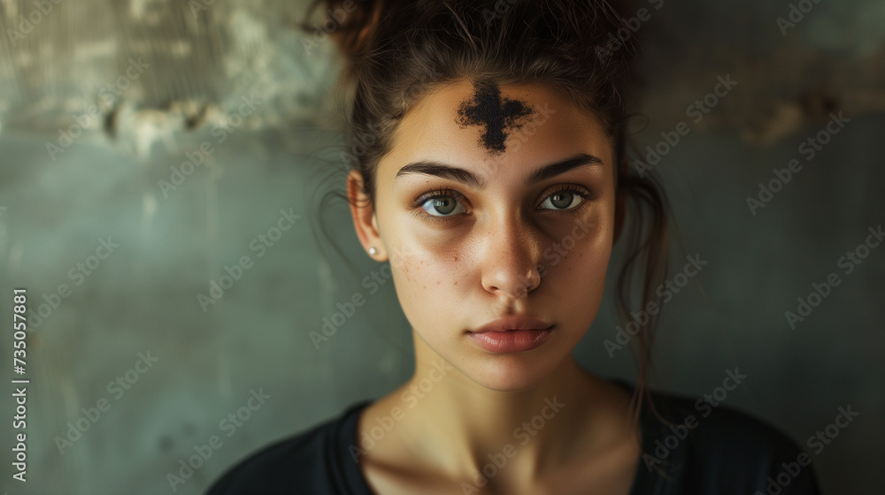 Ash Wednesday Contemplation: Young Woman with Forehead Cross - Devotion, Reflection, and Religious Observance Concept