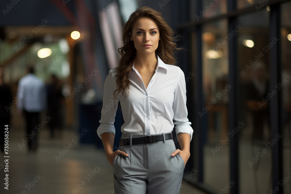 Portrait of happy young businesswoman looking at camera in the business center. Happy smiling beautiful young businesswoman. Smiling successful woman. Successful entrepreneurship.