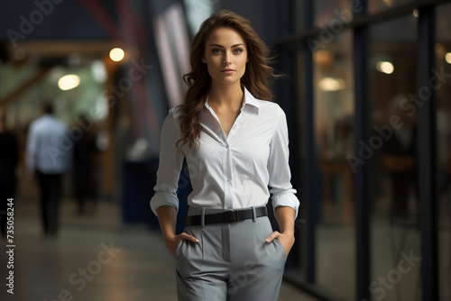 Obraz na płótnie Portrait of happy young businesswoman looking at camera in the business center. Happy smiling beautiful young businesswoman. Smiling successful woman. Successful entrepreneurship. w salonie