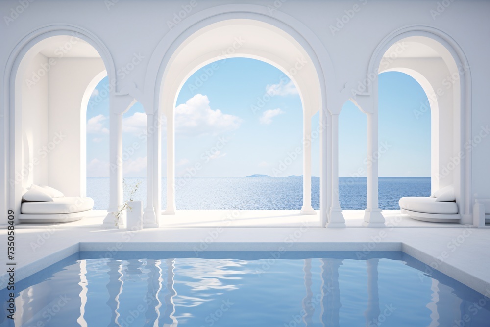a pool with arches and a white couch