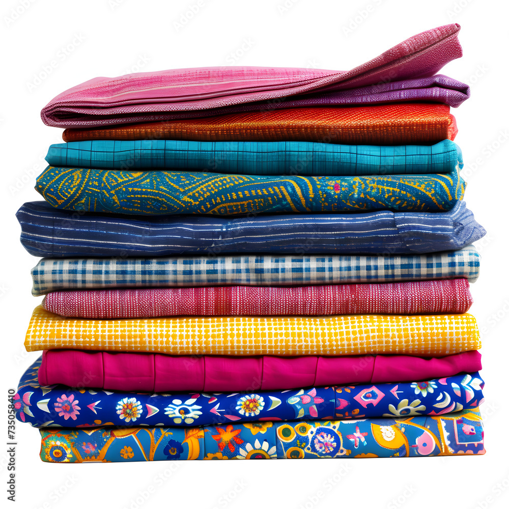 Stack of different fabrics isolated on white background, pop-art, png
