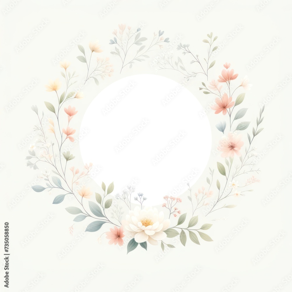 Minimalist floral border, soft pastels, central white space for text or design 