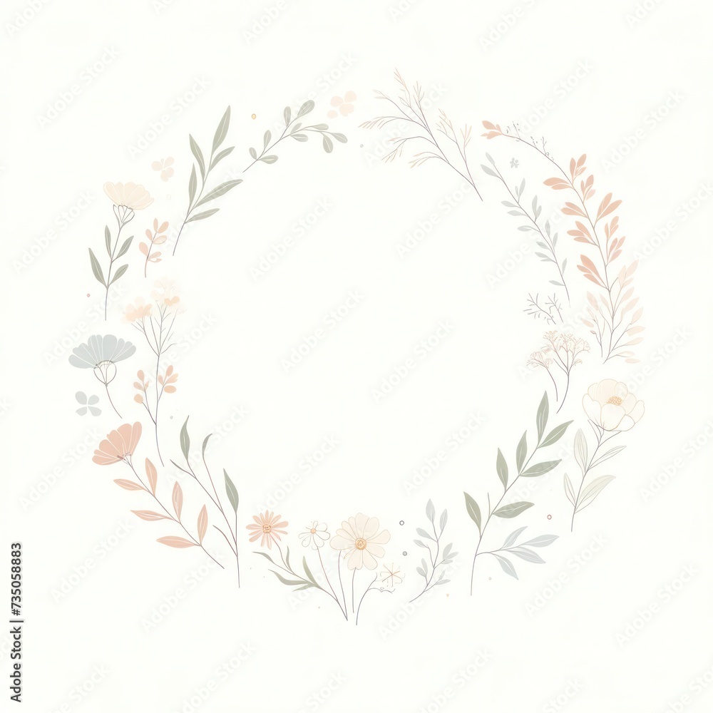 Minimalist floral border, soft pastels, central white space for text or design for text or design