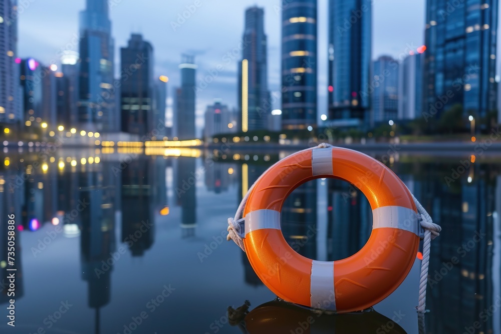 City safety charm: A lifebuoy drifts in an urban setting, accompanied by the modern allure of the city skyline.