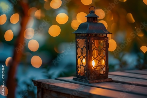 Lantern Casting Warm Glow on Wooden Table with Bokeh Background. Ramadan Mubarak © Usmanify