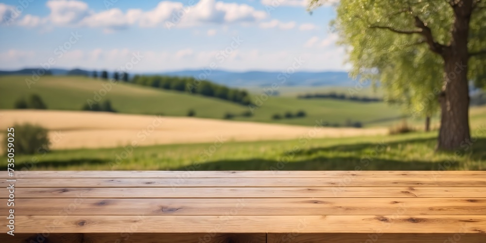 an empty wooden oak table and behind it a landscape an empty wooden oak table and behind it a landscape