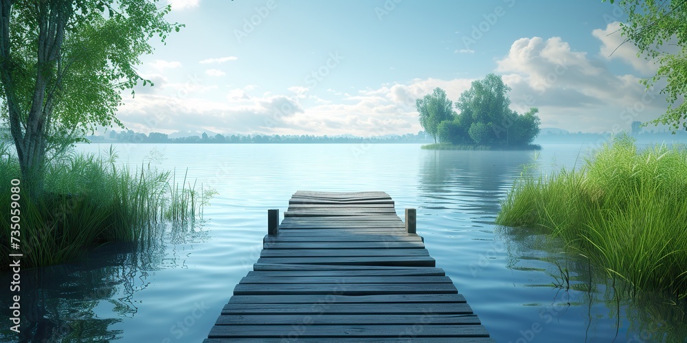 Tranquil lakeside escape: Wooden jetty set amid vibrant greenery for a peaceful retreat.