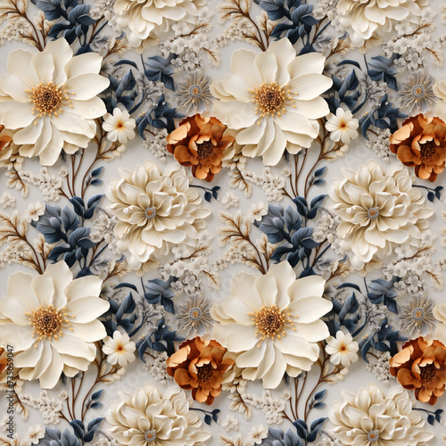 Hyper Realistic 3D Neutral Colored Blooming Flowers Seamless Pattern 2