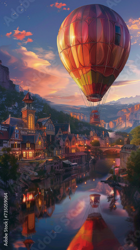 A giant balloon sails gently over a fairytale town its vibrant hues mirrored in the eyes of enchanted onlookers