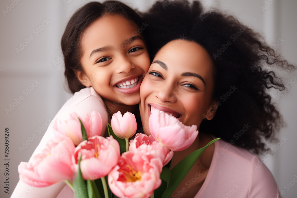 Smiling mother and daughter with flowers, mothers day concept with bouquet of tulips