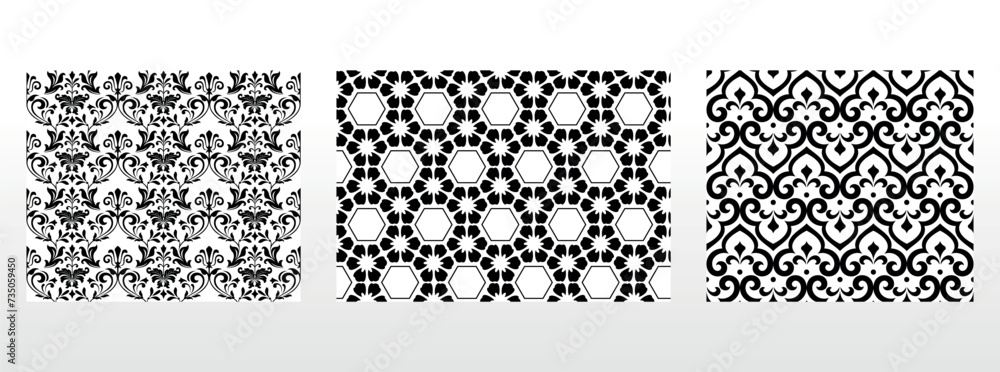 Geometric floral set of seamless patterns. White and black vector backgrounds. Damask graphic ornaments.