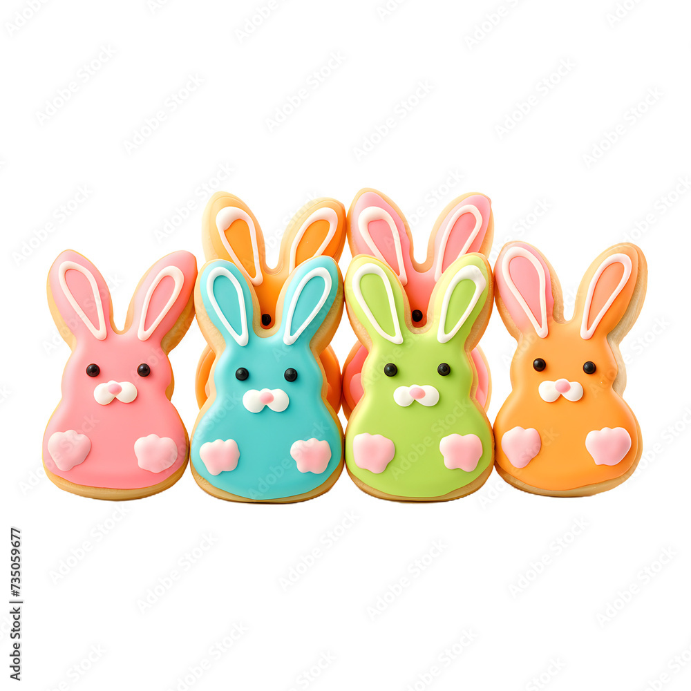 Obraz premium Decorated easter bunny cookies with white icing and colorful details isolated on a transparent background