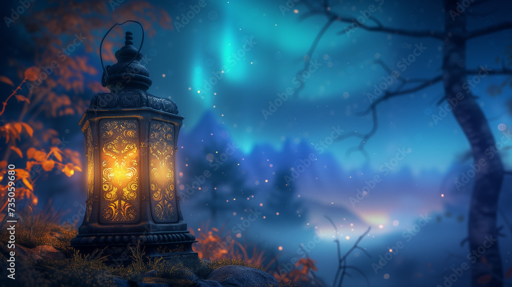 Enchanted Night Landscape with Glowing Lantern and Aurora Lights - Fantasy World Concept of Magic and Adventure Enchanted Night Landscape with Glowing Lantern and Aurora Lights - Fantasy World Concept of Magic and Adventure