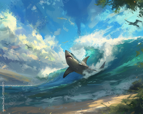 An adventurous shark surfing a colossal wave at a secluded beach the essence of summer adventure