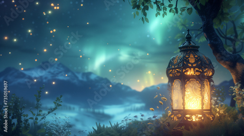 Enchanted Night Landscape with Glowing Lantern and Aurora Lights - Fantasy World Concept of Magic and Adventure