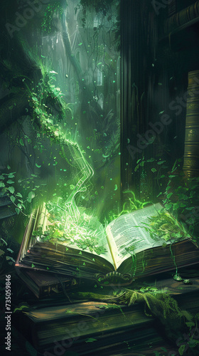 An open book emits a magical glow opening a portal to a realm of fantasy and adventure
