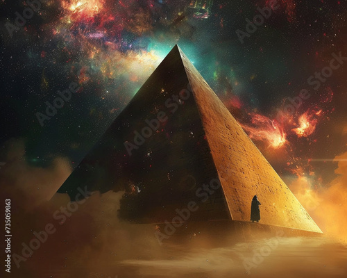 Beneath the pyramid a hidden portal opens offering a glimpse into the vast glowing universe beyond