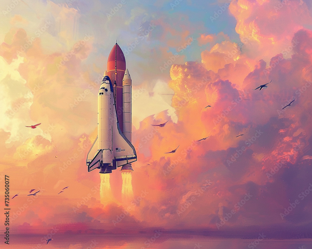In the serene pastel dawn a space shuttle pierces the sky birds soaring alongside as if guiding its journey