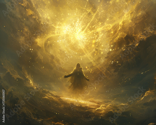 In the celestial realm a god stands radiant their golden aura casting a heavenly glow across the cosmos