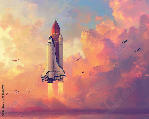 In the serene pastel dawn a space shuttle pierces the sky birds soaring alongside as if guiding its journey