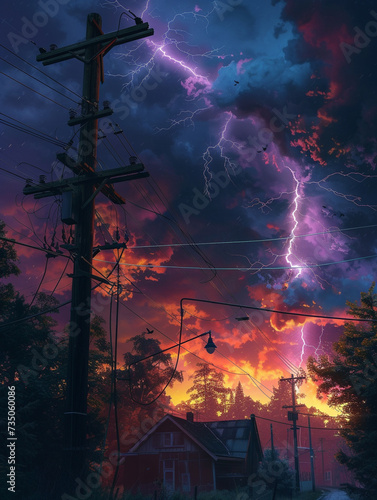 In the heart of the night a high voltage pole stands as lightning dances dangerously close a spectacle of natures power