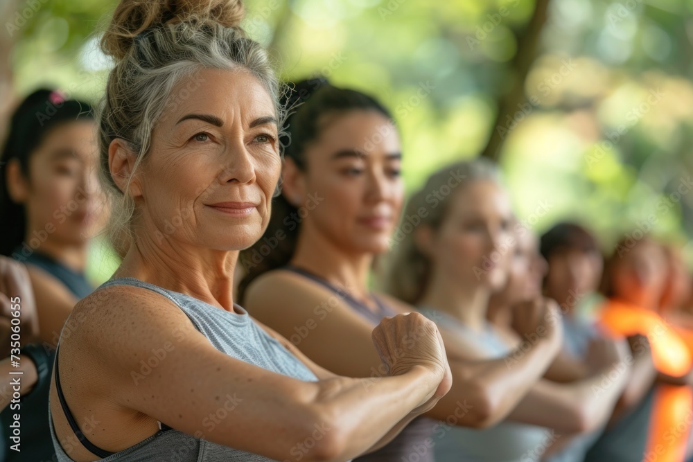 Outdoor Group Fitness Class in Nature. Diverse group of people ...