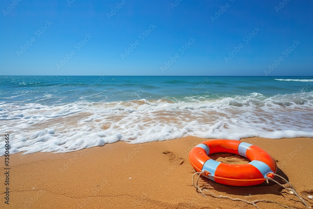 Orange lifebuoy on sandy beach near sea, blue sky background Orange lifebuoy on sandy beach near sea, blue sky background
