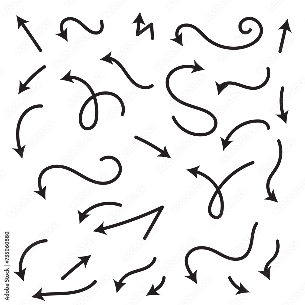 Hand drawn arrows collection Set simple flat arrows isolated on white background. Arrow mark icons and arrow paint. Stock vector Hand drawn arrows collection Set simple flat arrows isolated on white background. Arrow mark icons and arrow paint. Stock vector