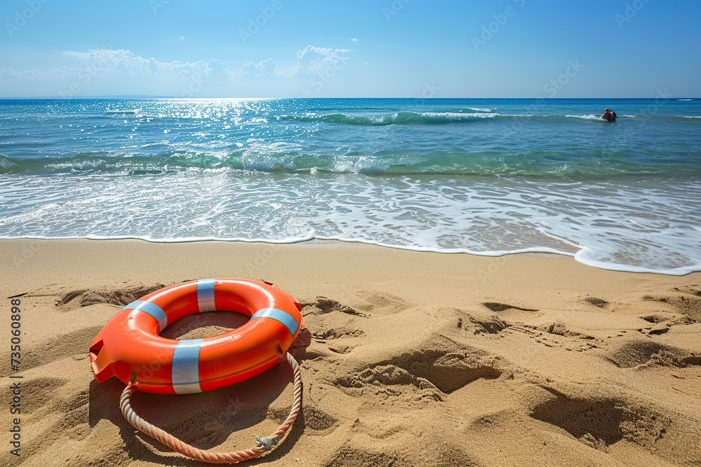Obraz premium Lifebuoy on the beach with blue sky and sea in background