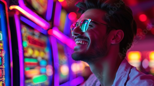 Thrilled gambler hitting the jackpot at casino slots, surrounded by cash and overflowing with joy