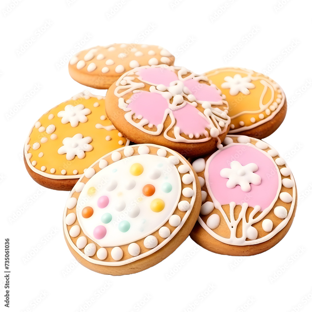Easter-themed cookies with pastel icing and floral decorations isolated on transparent background