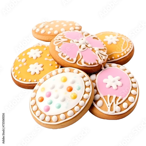 Easter-themed cookies with pastel icing and floral decorations isolated on transparent background