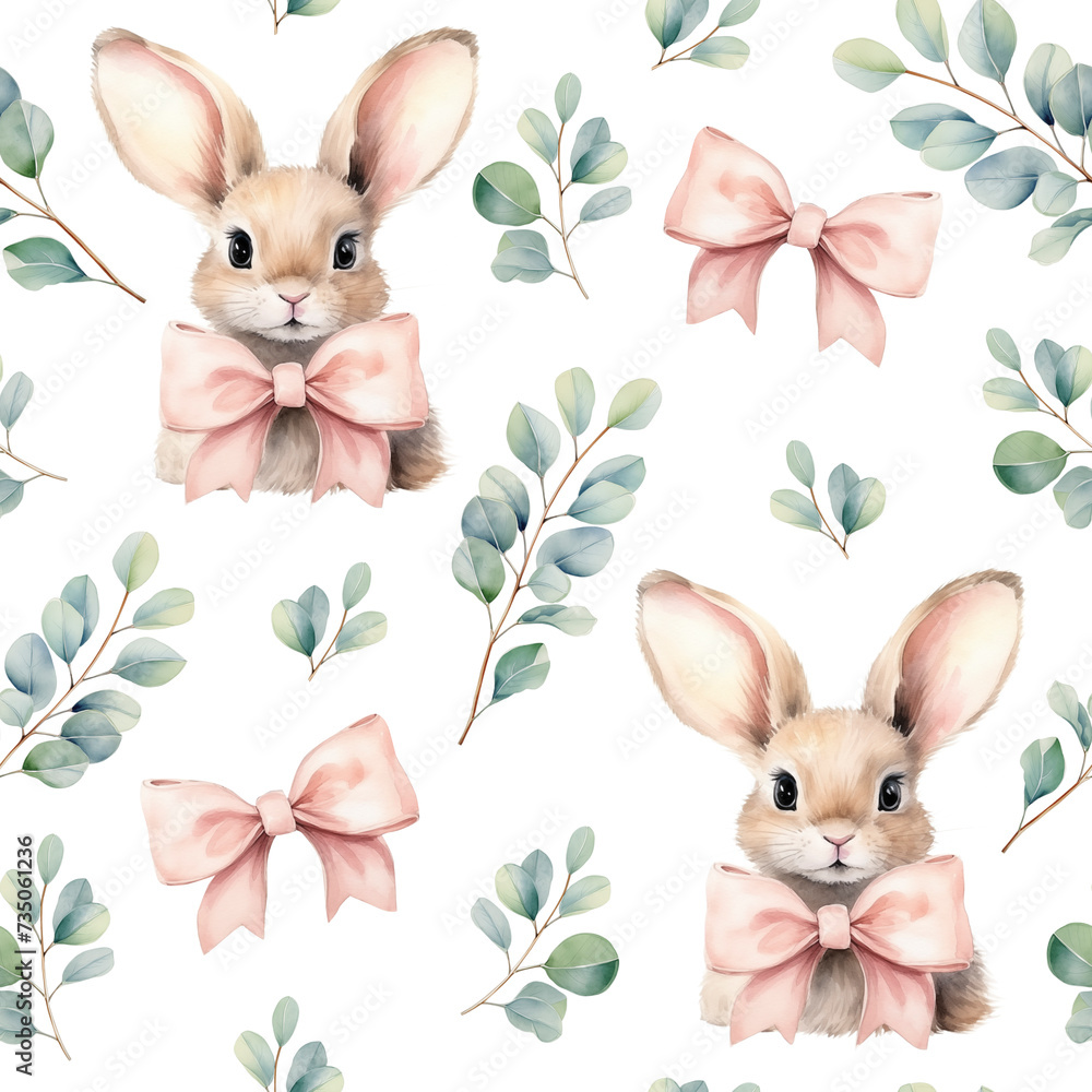 Watercolor seamless pattern bunny, eucalyptus and bow. Isolated on ...