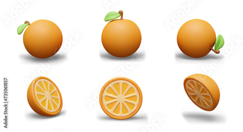 Set of whole oranges and halves. Vector realistic templates for bright eco concepts