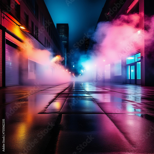 "Urban Noir: A Dark Empty Street, Dark Blue Background, and an Empty Scene Illuminated by Neon Lights and Spotlights. The Asphalt Floor and Studio Room with Smoke Floating Up. © omar