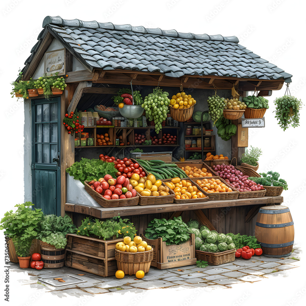 A bustling farmers' market with stalls selling fresh produce, homemade goods, and local crafts isolated on white background, detailed, png

