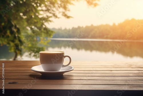 coffee on outdoor table with blurred lakeside in evening sunlight and empty copy space for website, print or background. Generative AI