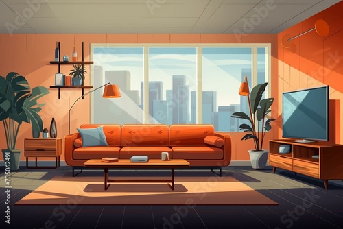An illustration of a modern living room with a TV unit, orange ceiling lighting, and a gray sofa. Generative AI