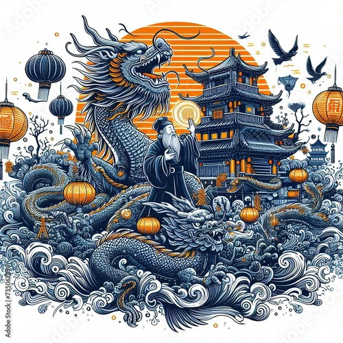 2024 Chinese New Year, Chinese New Year Background, year of the Dragon, vector illustration © MYN Studio