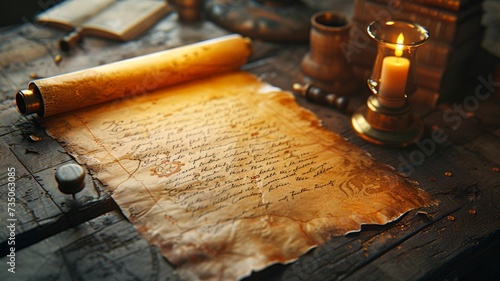 Old handwritten manuscript parchment ancient biblical prophets scroll and a lit candle Generative AI Illustration photo