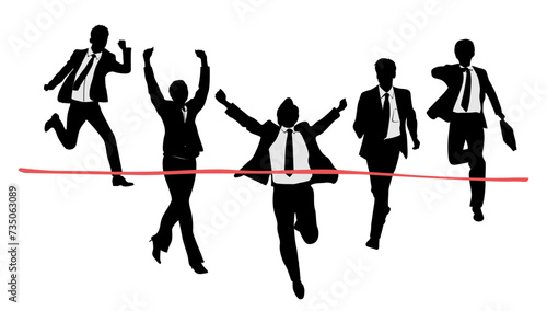Silhouette of Business people running to finish line. Businessmen, businesswoman crossing red ribbon in winning pose. Monochrome character vector black illustration isolated on transparent background. photo