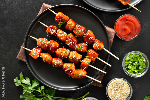 Bild auf Leinwand Teriyaki chicken skewers on plate