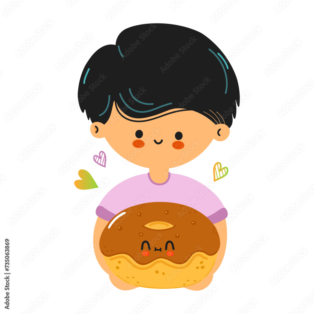 Young cute funny boy hold Donut in hand. Young boy hugs cute Donut. Vector hand drawn doodle style cartoon character illustration icon design. Isolated on white background Young cute funny boy hold Donut in hand. Young boy hugs cute Donut. Vector hand drawn doodle style cartoon character illustration icon design. Isolated on white background