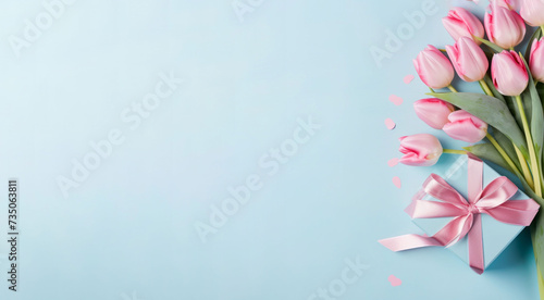 Mother s Day atmosphere concept. Top view photo of bunch of pink tulips and pink gift boxes with ribbon bows on isolated pastel blue background with empty space