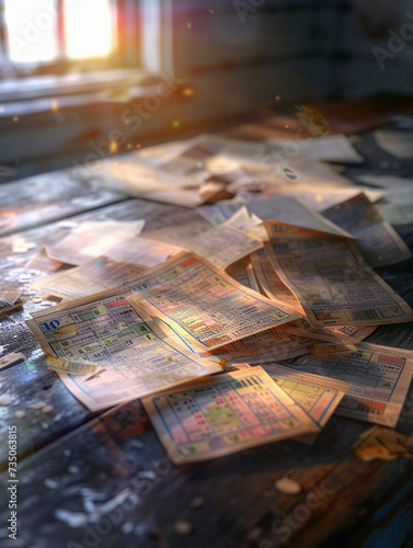 scattered lottery tickets on a table with a few winning ones highlighted  focus on texture and detail of the tickets