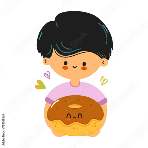 Young cute funny boy hold Donut in hand. Young boy hugs cute Donut. Vector hand drawn doodle style cartoon character illustration icon design. Isolated on white background